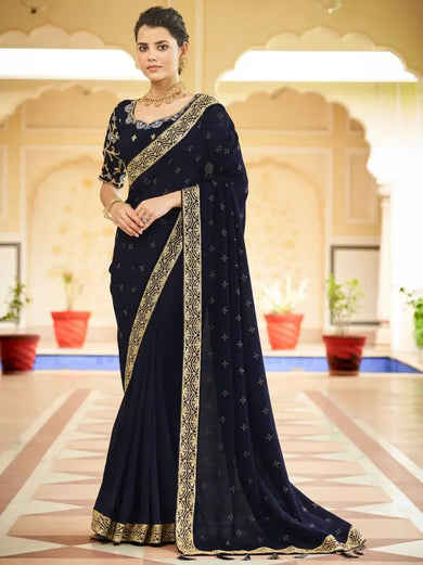 Prodigious Dark Blue Sequins Embroidered Vichitra Party Wear Saree